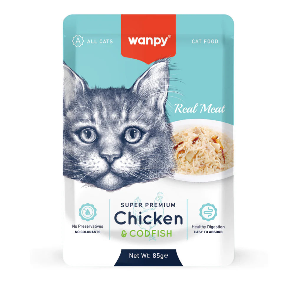Wanpy Super Premium Chicken and Codfish Real Meat Wet Cat Food 85g Pouch Egypt