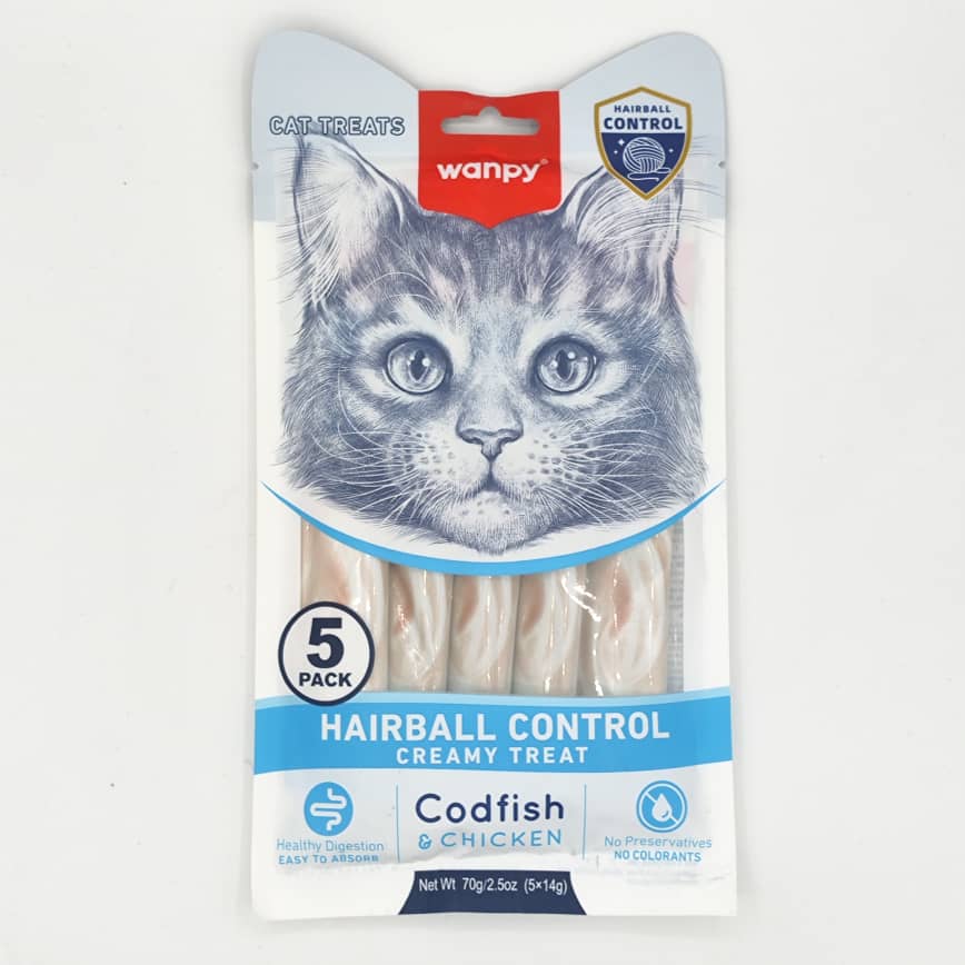 Wanpy Hairball Control Creamy Cat Treat Codfish and Chicken 5x14g pack Egypt