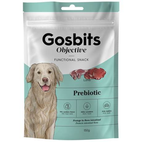 GOSBITS OBJECTIVE : functional snacks benefit from synergies between natural ingredients to help fight various body dysfunctions, ranging from joint pains to food allergies, including care of teeth, skin and hair, the immune system or obesity. GOSBITS OBJECTIVE Gosbits dog objective prebiotic Indicated for dogs with ga