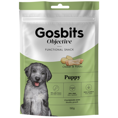 GOSBITS OBJECTIVE : functional snacks benefit from synergies between natural ingredients to help fight various body dysfunctions, ranging from joint pains to food allergies, including care of teeth, skin and hair, the immune system or obesity. GOSBITS OBJECTIVE Gosbits dog objective puppy With active ingredients that p
