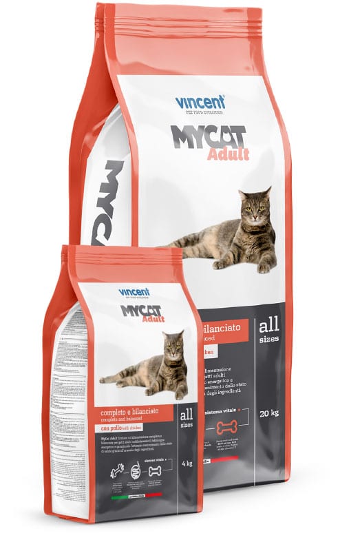 Vincent Mycat Adult Chicken dry cat food bags 4kg and 20kg sizes - Complete and Balanced Formula for Adult Cats Egypt