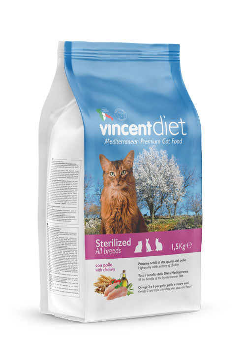 Vincent Diet Mediterranean Sterilized Cat Food with Chicken 1.5kg bag - Natural Weight Control Diet for Neutered Cats Egypt