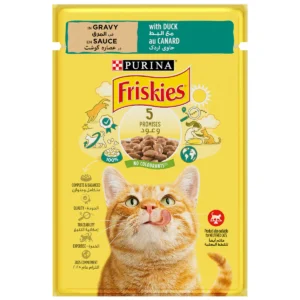 Friskies Duck Chunks in Gravy Wet Cat Food Pouch 85g – yellow pouch with cat image